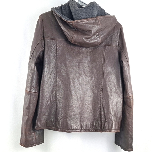 Vintage Ann Taylor Brown Leather Jacket, 1990's, Fleece lined hood, sz M - Picture 2 of 9